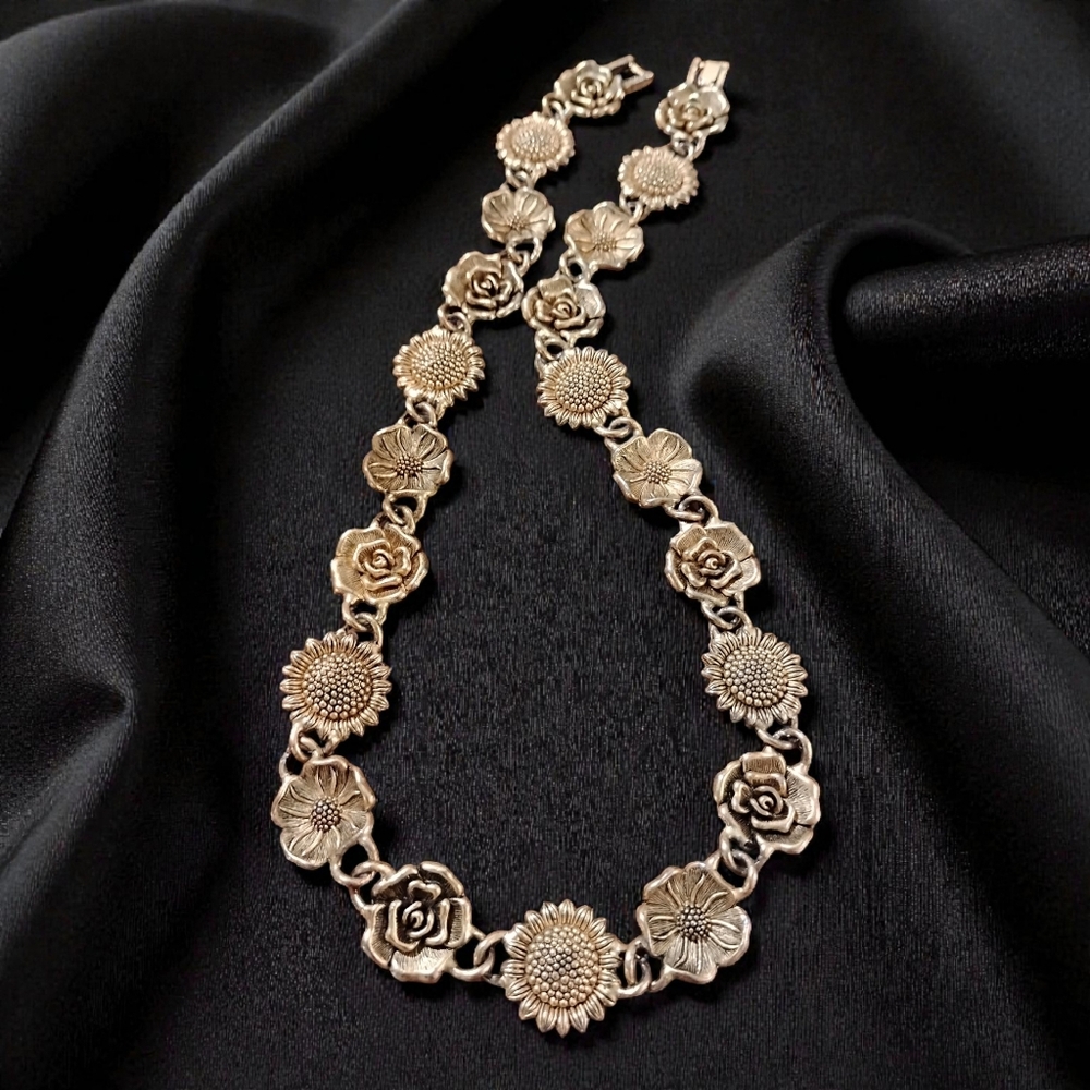 VINTAGE Gold Floral Panel Link Necklace | Botanical Rose Sunflower Pansy Choker